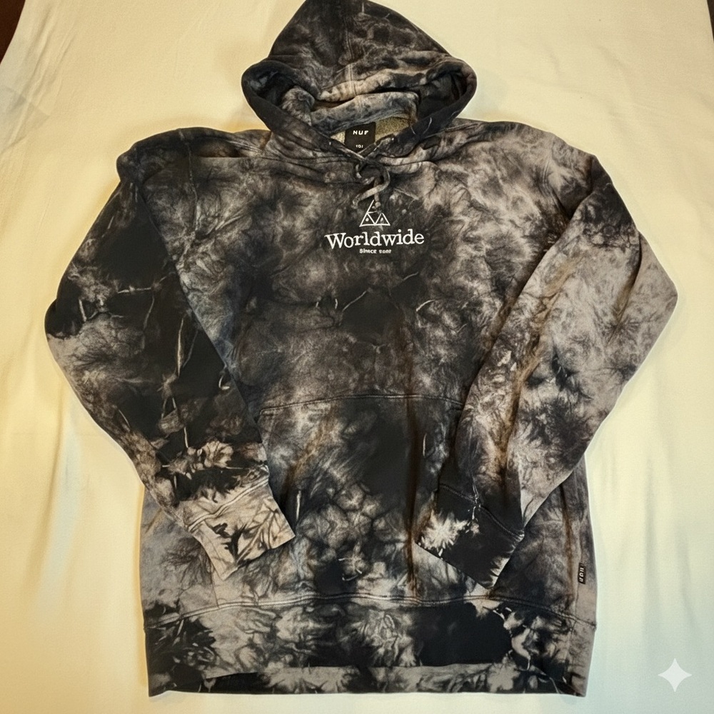 HUF Worldwide Tie-Dye Hoodie Gray Black Cloud Wash Size Medium